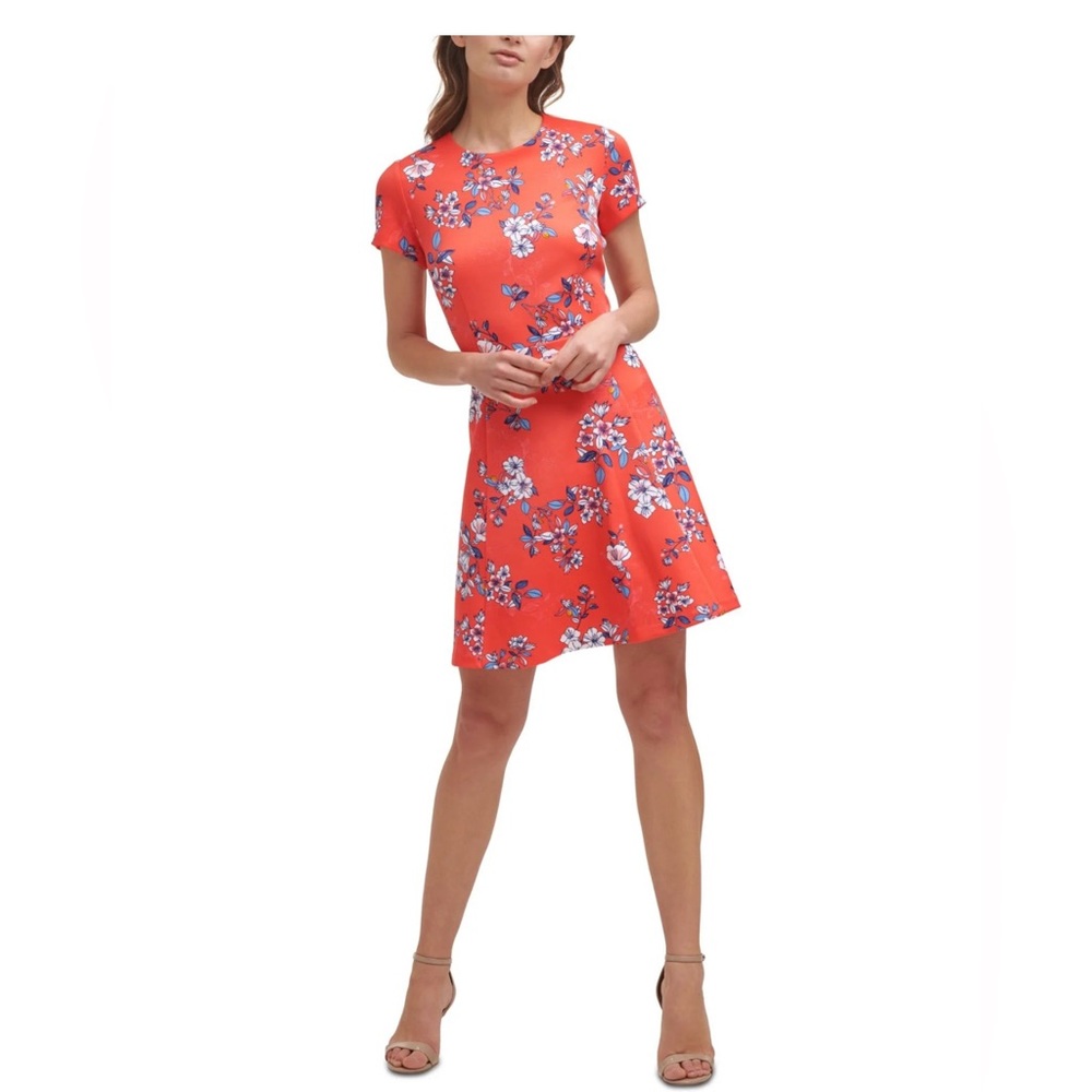 Vince Camuto dress size 12 orange & blue floral fit & flare dress PERFECT 🧡💙
